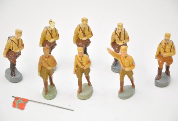 Schusso SA Nazi Soldiers: 9 pieces including saluting leader and infantry, one figure is missing face, includes a metal flag. Otherwise, figures show light wear, C8