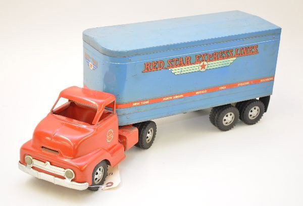 Dunwell Red Star Express Truck: Painted and decaled pressed steel 21" long, fairly clean and shiny, decals are 90% overall. Truck shows light to moderate playwear, C7+