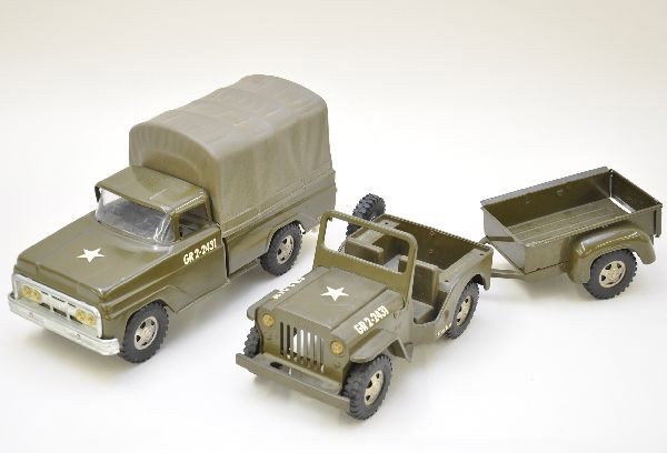 Tonka Military Trucks: Supply truck with original canvass and a Jeep and trailer, both show light playwear, should clean to C8