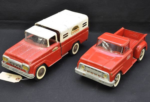 Tonka Trucks: 1960 Fisherman, missing tail gate, shows heavy playwear, C5; 1963 pick-up shows light to moderate playwear, C7