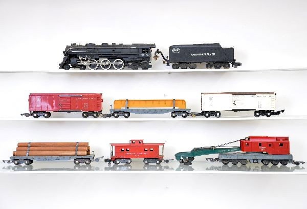 American Flyer Steam Freight Set: S-Gauge, 322AC NYC Hudson loco & tender; 2 #633 boxcars, painted trucks; 627 girder car; 644 wrecker; 628 log car; 638 caboose. All show light to moderate playwear, should clean to C7