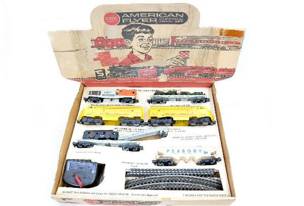 Boxed American Flyer Set 20725: 21215 and -1 UP F10 AA diesels, nice matching lettering, cabs intact; 24230 Peabody hopper; 24569 wrecker; 24572 US Navy flat with Tootsietoy Jeeps; 25071 Tie-Jector (no load or trip), track, transfor