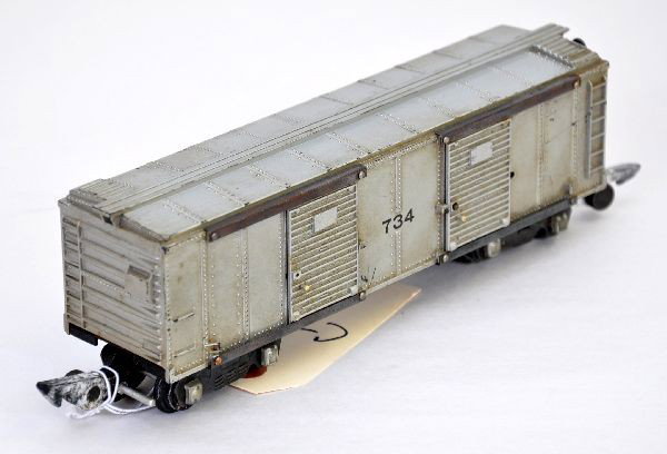 Rare Silver American Flyer: S-Gauge.Unloading Car. It has nice stampings and only moderate signs of use, but could use a cleaning, C6+ Scarce!
