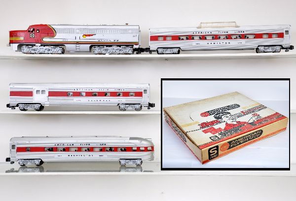 Boxed American Flyer Set 20735: S-Gauge. 21927 Sf PA Alco A diesel, stickers & decals 100%; 24773 combine; 24813 Vista-Dome; 24833 observation. Car roofs show some scratching, color and sides match nicely. Includes track, transforme
