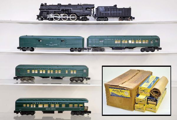 Boxed American Flyer Set K-5436T: S-Gauge. 293 NYNH&H Pacific steam loco with coal pusher; 951 baggage car; 953 combine; 952 Pullman; 954 observation. All are clean with minor mildew on frames, track & peripherals. All have original b