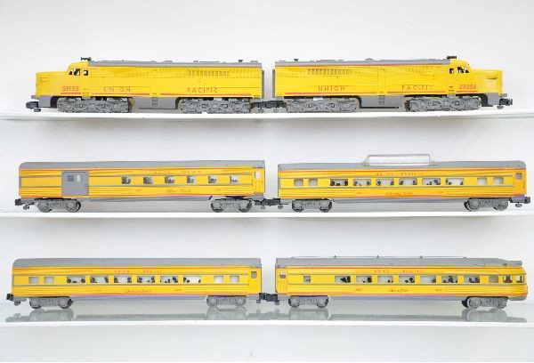 American Flyer Pony Express Set: S-Gauge. 21925 and -1 UP PA Alco AA diesels, very clean showing light wear to nose stickers, lettering is unusually bright on all sides and matching; 24837 Star Dust combine; 24839 Columbia River Vist