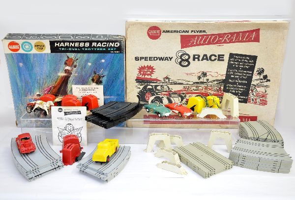 3 Boxed A.C. Gilbert Slot Car Sets: 19091 harness racing, includes 1 horse, 4 controllers, track, instructions and unused adhesive railings; 19080 Corvette figure eight, includes 2 Corvettes (1 missing roll bar), controllers, track, tre