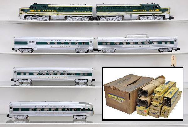 Boxed American Flyer Rocket Set: Set No.5570H includes 474 & 475 Rocket PA Alco AA diesels, silver, 474 some touch-up between stripe; 475 missing nose decal & 3 steps (replacements included); 960 combine; 961 coach; 962 Vista-Dome; 9