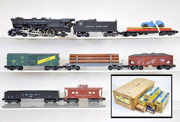 Boxed American Flyer Set K5346W: S-Gauge. 316 PR K-4 Steam loco; 928 Lumber Car; 915 Unloading car, no controller or box; 921 CB&Q Hopper; 920 Southern gondola; 922 GAEX boxcar; 930 caboose, track & transformer with some peripherals.