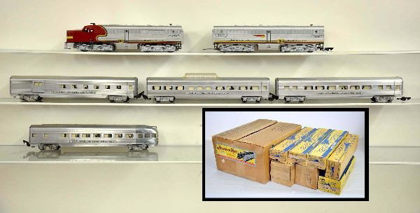 Boxed American Flyer Set 5108W: S-Gauge. Sold through "The Carl Co." 360 & 364 SF PA Alco AB Diesels, satin finish, power unit nose decal 80%, 1 number decal 50%; 660 combine; 661 coach; 662 Vista-Dome; 663 observation. All have alu