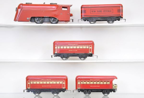 Marx Anniversary Passenger Set: Vanderbilt loco, mechanism functional, NYC red tender, Bogota Pullman, Montclair Pullman, observation. All show light to moderate playwear, clean and shiny, C7-7+