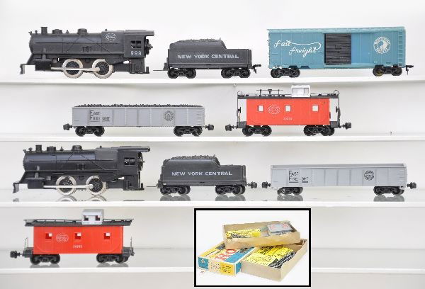 Boxed Marx HO Sets: Set 6875 - unlettered steam loco & tender, FF gondola, NYC caboose, control house, all in sleeves, track & set box, like new; Set 6885 - 999 loco NYC tender FF boxcar & gondola, NYC caboose, control h