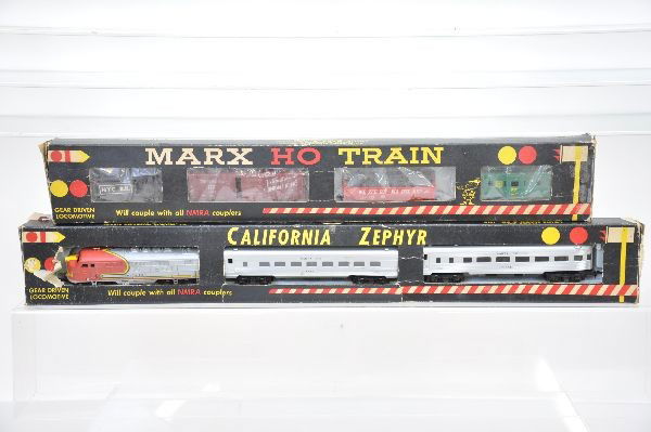 Boxed Marx HO Shotgun Sets: Set 17440 - NYC steam switcher; UP boxcar; WM hopper; WP bay window caboose; Set 64910-SF F3 diesel; coach; observation. Both have set boxes with inserts, second set is missing cellophane insert. Trai