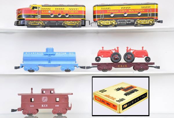 Boxed Marx Allstate Set 9611: 54KCS F7 AB diesels, small motor, Allstate tank, flat with tractors, KCS caboose, track, transformer, set box with inserts. Shows light playwear, C8