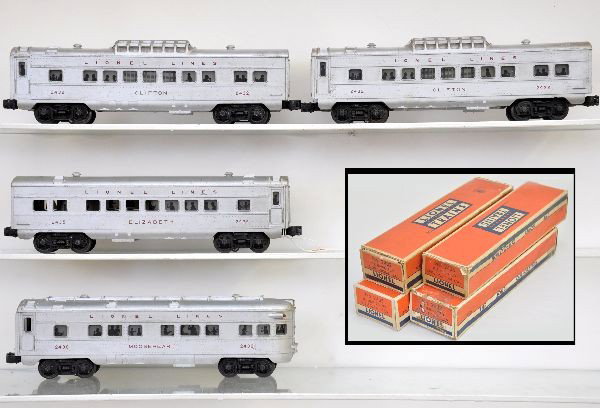 Boxed Lionel Passenger Cars: 2 #2432 Clifton Vista Domes; 2435 Elizabeth Pullman; 2436 Mooseheart observation. All show moderate playwear with original boxes, C6