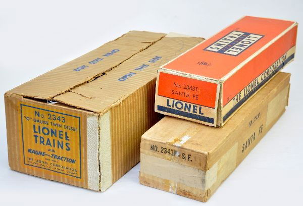 Lionel Empty Boxes for 2343: 1950 2343 master carton showing some corner wear; 2343P box resealed one side; 2343T with insert, flaps reattached. Remember these are EMPTY boxes only.