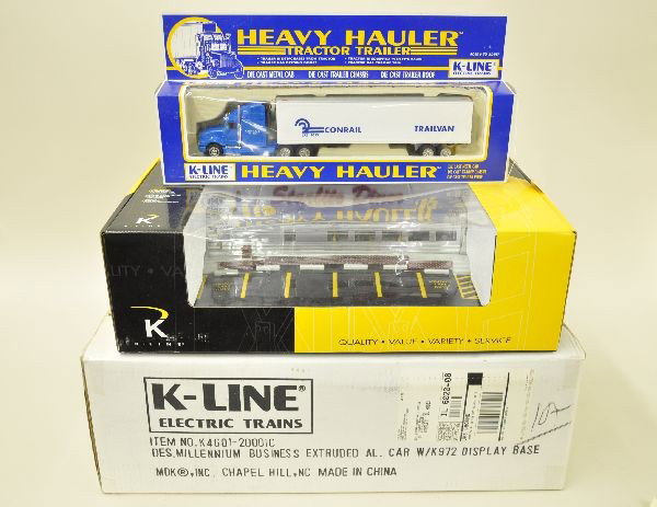 Boxed K-Line Accessories: Conrail 8513 Heavy Hauler Tractor Trailer; K-4601-2000IC Millennium Business extruded aluminum car and display base; K-42404 Starlite Diner with detailed interior, figures, lighted roof sign and music