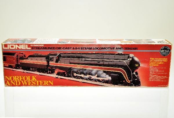 Boxed Lionel MPC 8100 N&W J Locomotive: First reissue of the post-war 746 done in the 1970's. This example is unused in its original box with inserts. Box shows some wear, C9