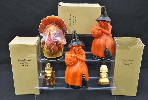 Boxed Fanny Farmer Candy Containers: Boxed vintage wax molded containers, tallest is 8 1/2" tall. The witch containers are wonderful, 1 having a gloss painted hat. The turkey is bright but has some shrinkage splits in tail feathers and c