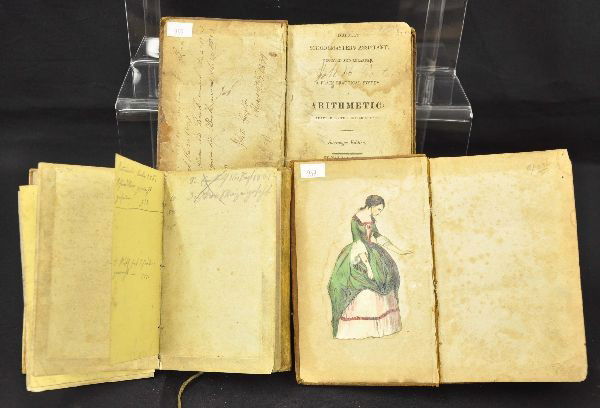 Early Book Lot: D'Abolls School Masters Assistant Arithmetic, 1821, by E&E Hosford; Sequel to English Reader, 1822 by Collins & Company; unusual German book with charts and conversion tables, several inscriptions dat