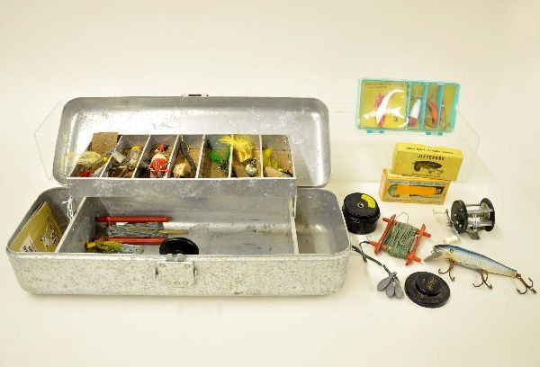 Vintage Tackle Box: Silver painted aluminum tackle box with folding top tray, Hawthorne reel, 2 Mitchell line spools, one with original box, several lures including a 2 1/2" wood lure with glass eyes, several spinners, H
