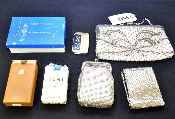 Purse & Accessory Lot: Walkaeg beaded purse 4 1/2" with chrome frame and chain; boxed Whiting & Davis chrome mesh cigarette case with original dummy Kent cigarette pack; matching billfold; Gemey enameled compact with origin