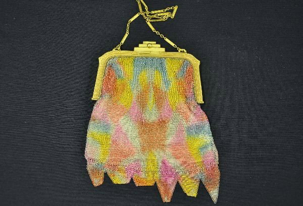 Whiting & Davis Art Deco Purse: 6" long, Dresden style wire mesh purse with beautiful bright colors both sides, gold plated deco frame with ornate chain, and silk liner. Shows very light signs of use.