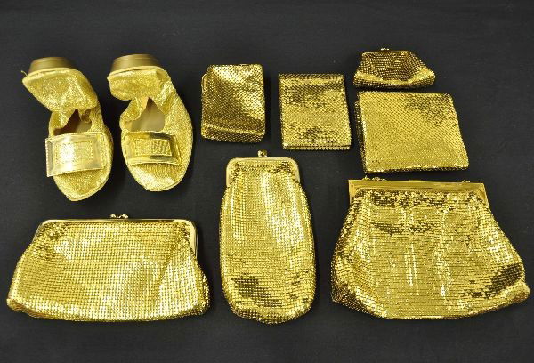 Whiting & Davis Purse & Accessories: This lot includes gold mesh 5 1/2" purse with rhinestone encrusted clasp, 4" clutch purse with two compartments, wallet and change purse combo, change purse, eyeglass case, billfold, cigarette pouch a