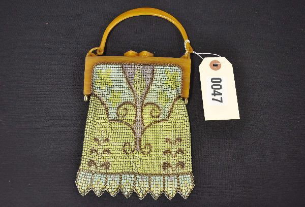 Beautiful Lucite & Enamel Purse: Art Deco style by Whiting & Davis, 6" long, beautiful color both sides, unlined with manufacturers tag inside. Shows light signs of use.