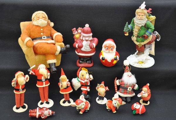 Lot of Vintage Christmas Decorations: Interesting assortment including a Santa on Chair bank; Japanese wire frame Santa figures and others. All show signs of age and use.