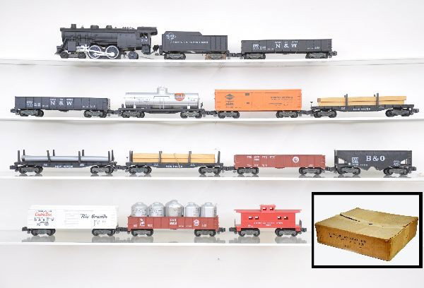 Boxed American Flyer Set 20142: Unusual set. Title on box reads "near hit but miss train set", special for Harrison Wholesale Company. Includes 21160 Atlantic loco with Reading tender, 24309 tank, 2 #24103 gondolas, 24403 reefer, 2