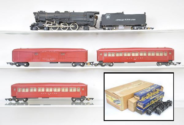 Boxed American Flyer Set 4609A: S. Gauge. Circa 1949. Includes 312 Pacific loco and tender, (tender missing one wheel set), 651 baggage, 2 #650 Pullmans cars lettered New Haven, original boxes, track, set box with nice label but one