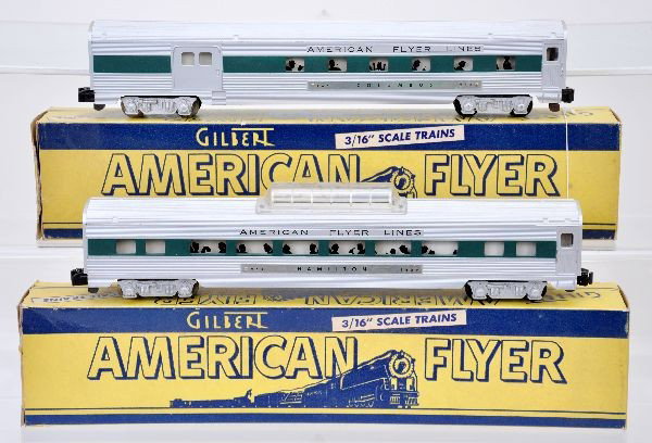 LN Boxed American Flyer Rocket Cars: S-Gauge. 960 combine, 962 vista dome. These fantastic green stripe passenger cars are unrun with their original spacers. Original boxes show wear, cars are C9