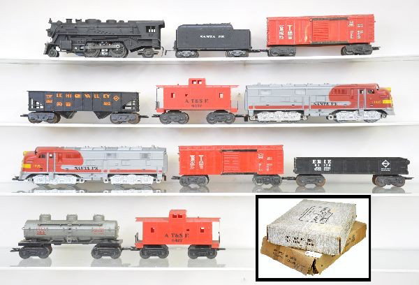 Boxed Marx Sets 44224 & 26259: Montgomery Ward Set 26259 includes 666 steam loco, SF tender, RI boxcar, LV hopper, SF caboose, track, switches, transformer, osb with some inserts; set 44224 includes 1095 SF E8 AA diesels, RI boxcar