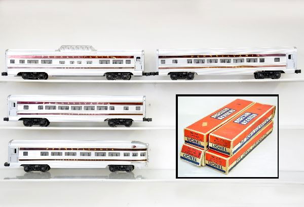 Boxed Lionel Congressional Cars: 2542 Betsy Ross Vista Dome; 2543 William Penn Pullman; 2544 Molly Pitcher Pullman; 2541 Alexander Hamilton Observation. All have original stripes and original 1956 boxes, some have minor tape. Cars sh