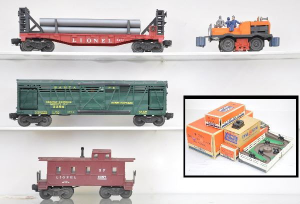 Boxed Lionel Freight Cars: 3356 operating horse car and corral, includes controller, OTC and 5 horses; 50 gang car; 6357 caboose; 6477 flat with pipes. All have nice original boxes and show light playwear, C7+