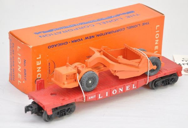Mint Boxed Lionel 6817 Scraper: As good as it gets. Intact, including stack tip, original bands, flat is unrun. Scarce perf window box is a brick. Car is mint, C9-10