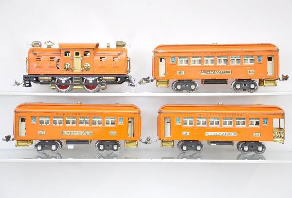 Scarce Lionel 4U Train Set: Pre-War. 4U Build-a-Loco, rewheeled with one replaced headlight; 2 #605 Pullmans; 606 observation, top lettering light one side. Otherwise, all clean and shiny and show moderate wear C6-