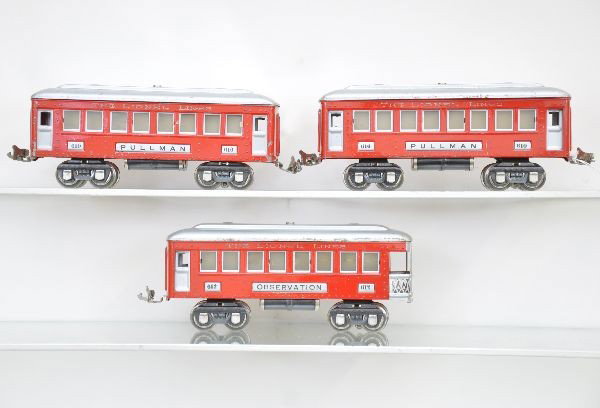 Uncataloged Lionel Passenger Cars: Pre-War. Circa 1936. 2 #610 Pullmans; 612 observation, scarce block lettered version. All clean and shiny with nice lettering and show moderate playwear, C6