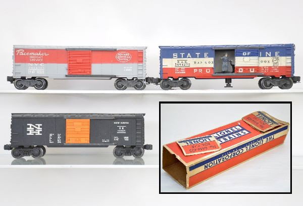 Lionel Boxcars: 6464-425 New Haven, Type IIB with Timken truck frame and rough ob; 6464-125 Pacemaker, heat stamped lettering, Type IIA; 3494-275 SOM operating boxcar. All could use a cleaning and show light to moder