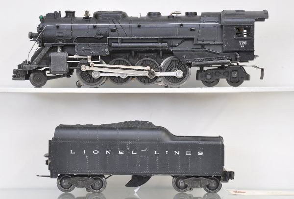 Lionel 726RR Berkshire: 1952 steam locomotive, nice lettering, rods are clean and a 2046W tender, one step repaired. Otherwise, shows moderate playwear, C6