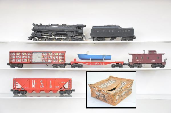 Partial Boxed Lionel Set 2503WS: Circa 1957, includes 665 locomotive; 2046W tender; 6434 poultry car; 6536 M&StL quad hopper; 6801 flat with boat (should be brown boat for set); 6357 caboose (set missing 3361). Hopper has worn ob, su