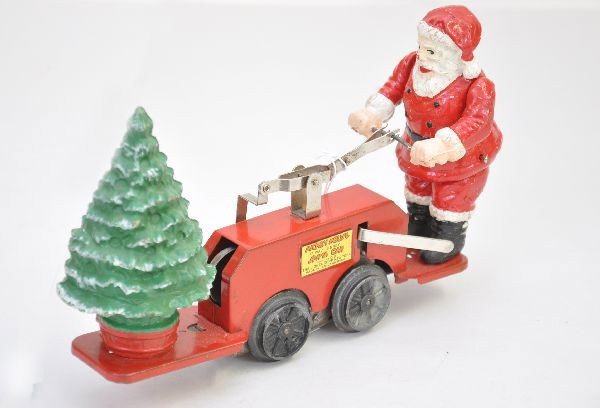 Lionel 1105 Santa Hand Car: Pre-War, Circa 1935, clean with bright coloring, mechanism not functional, red on Santa has been nicely touched-up. Overall, appears to show light playwear, C7+