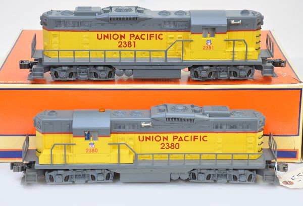 Lionel 11956 UP GP-9 AA Diesels: Nicely matched pair, command equipped with TowerCom, crew talk, and Railsounds. Very lightly run, ob with insert, C8+