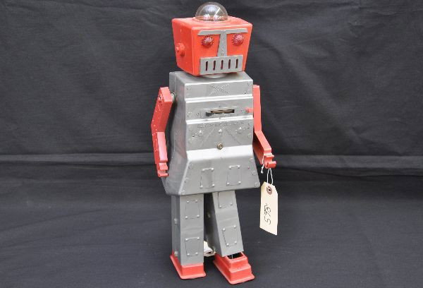Mr. Atom Robot: This unusual battery toy measures 18" tall and is made by The Advance Doll & Toy Company, West Haven, CT. It is in beautiful, original condition, clean battery box, just missing one ear grommet. Shows