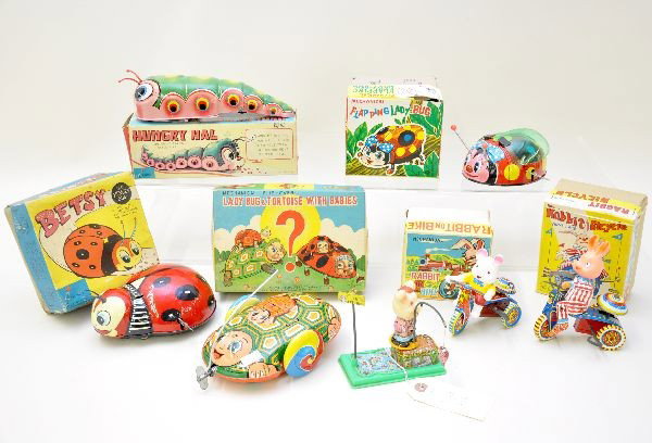 Cute Bug and Animal Tin Toys: K Japan, flapping ladybug with ob; Haji Japan Betsy the Hungry Bug crumb sweeper with ob; TPS ladybug and tortoise with babies and ob; 2 Rabbit cyclists with ob's; Haji Hungry Hal Caterpillar crumb sw