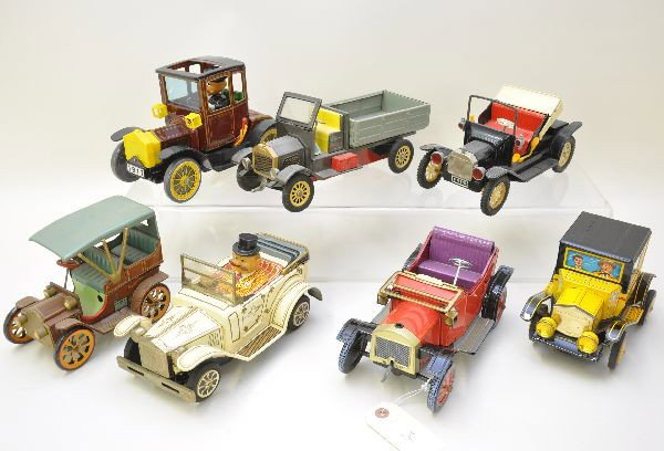 Assortment of Old Fashioned Toy Cars: 7 pieces, longest is the 10 1/2" pick-up. Mixture of friction and battery operated vehicles. All battery boxes are clean and show light to moderate playwear, C7 for condition/operational report, pleas