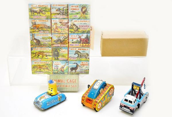 Marx Toy Lot: Rollover tank, functional; Marxie mustard car; scarce Allstate wrecker with box (goes in playsets); 16 pc. wild animals sets with cage, individually boxed. All show light playwear, C7+