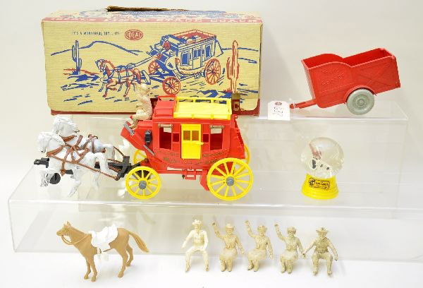 Western Toy Lot: Boxed Ideals Fix-It Stagecoach, appears complete with inserts; Lone Ranger round up snow globe; parts to the Roy Rogers and Trigger set including 3 each of Roy & Dale and Triggers trailer (a bit dirty