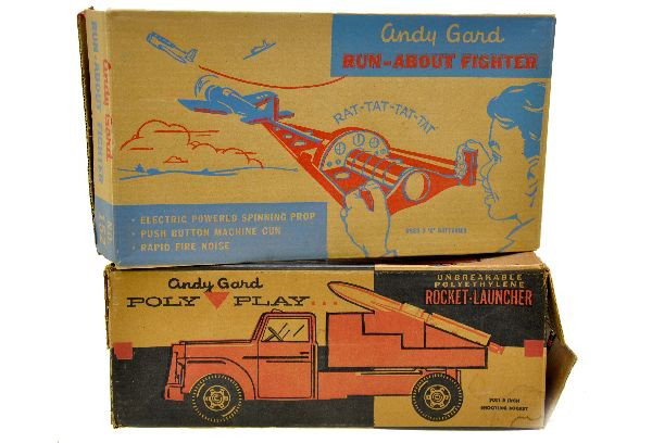 Unusual Andy Gard Military Toys: No. 152 Run-About Fighter, battery operated; No. 342 Rocket Launcher, 16" long and includes 3 missiles. Both have nice original boxes. Otherwise, both show light to moderate playwear and should clean 